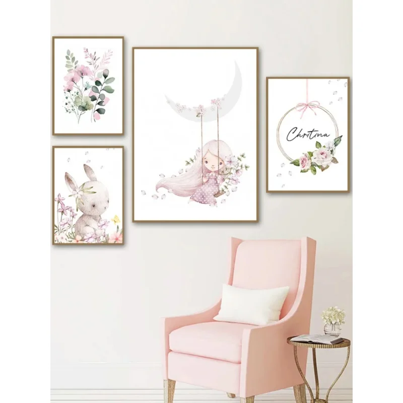 Resin Art With Flowers - لوحة جدارية بتصميم كرتوني إسكندنافي، أرنب